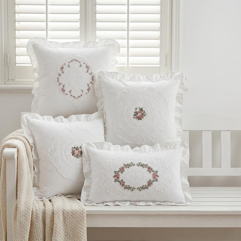 French-style Vintage Lace Embroidered Washed Cotton Lumbar Pillow White Ruffled Decorative Throw Cushion Plants Flowers Pattern