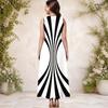 Women Plus Size Round Neck Sleeveless Black White Striped Printed A Line Long Dress With Pockets