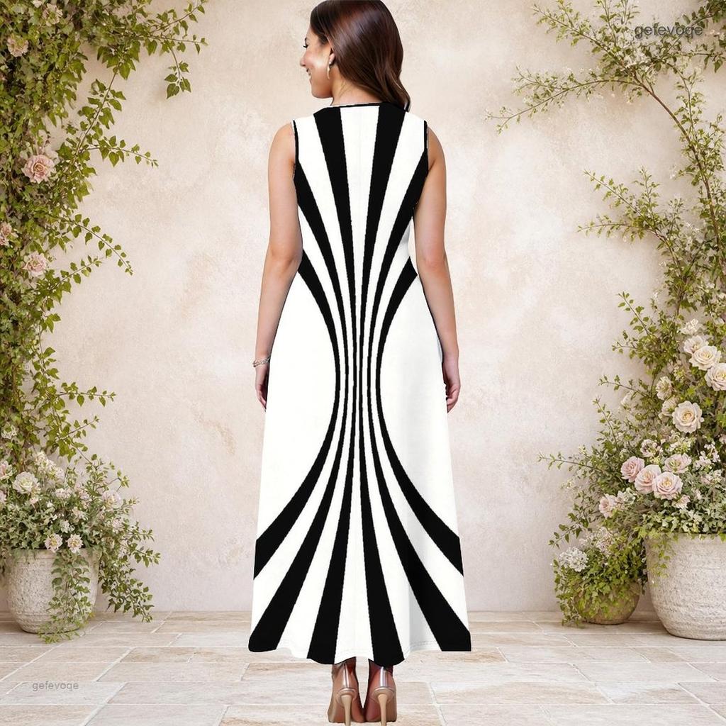 Women Plus Size Round Neck Sleeveless Black White Striped Printed A Line Long Dress With Pockets