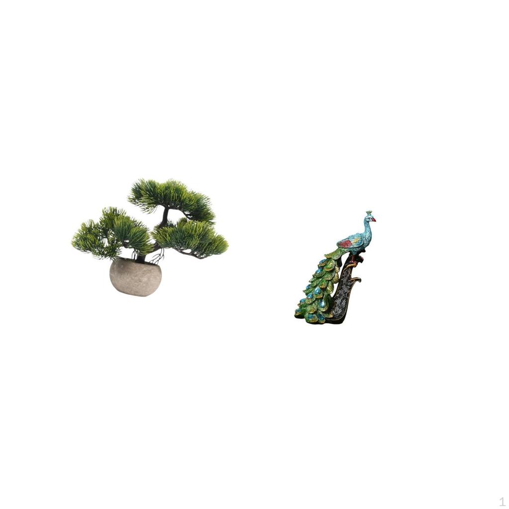 Artificial Bonsai Tree Peacock Statue Animal Sculpture Collection Faux Plant in Pot Elegant Tabletop