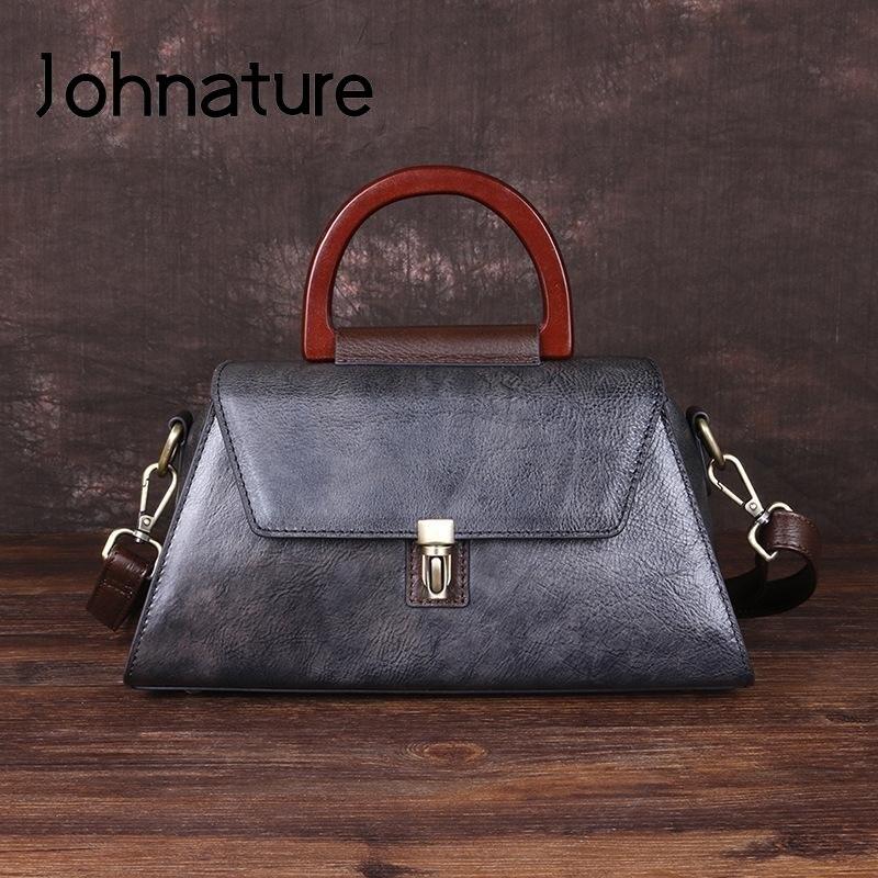 Johnature Luxury Handbags Women Bags Retro Genuine Leather Solid Color Lady Shoulder Bags Leisure Cowhide Messenger Bag
