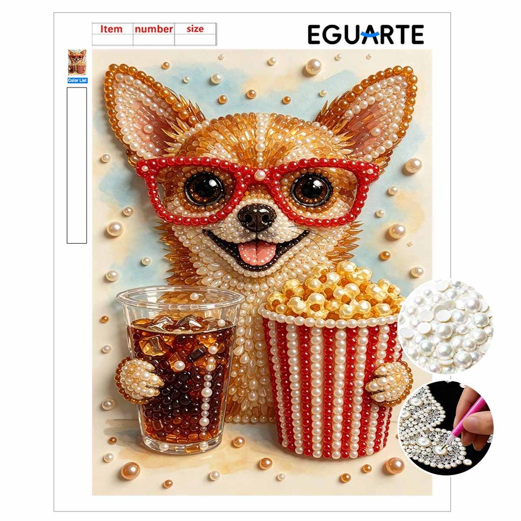 DIY Framed Pearl Painting Kit with Chihuahua Wearing Glasses Popcorn Soda 5D Sparkling Bead Art Canvas Ready to Display Home Decor Gift Idea