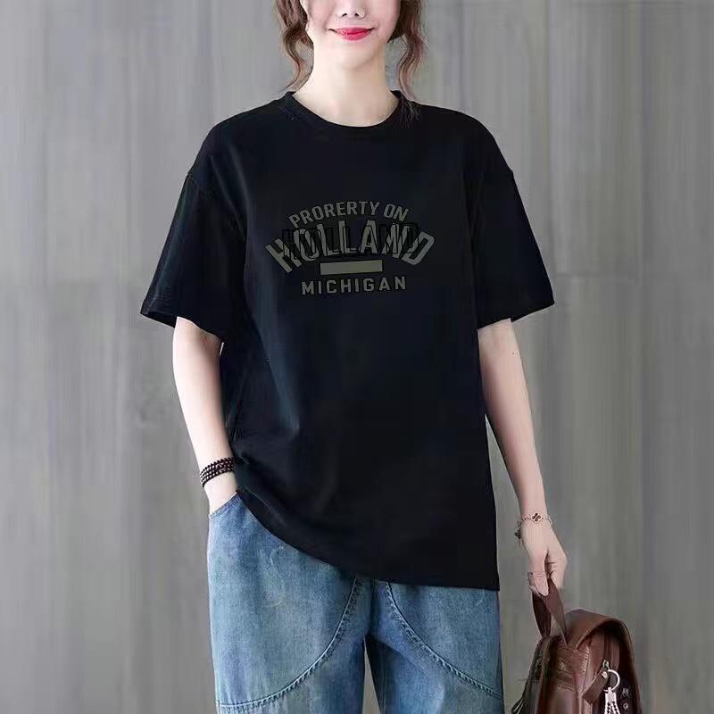 

Женская модная футболка свободного кроя из 100% хлопка с коротким рукавом и круглым вырезом, универсальная и стильная, в наличии большой размер M (100-120 jin)