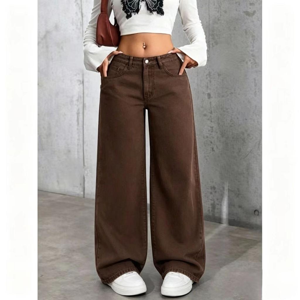 Pantaloni Denim a Vita Alta da Donna Jeans Elasticizzati a Gamba Larga con Tasche