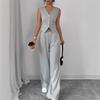 Women's V-Neck Sleeveless Button Front Vest & Elastic Waist Wide Leg Pants Two Piece Set