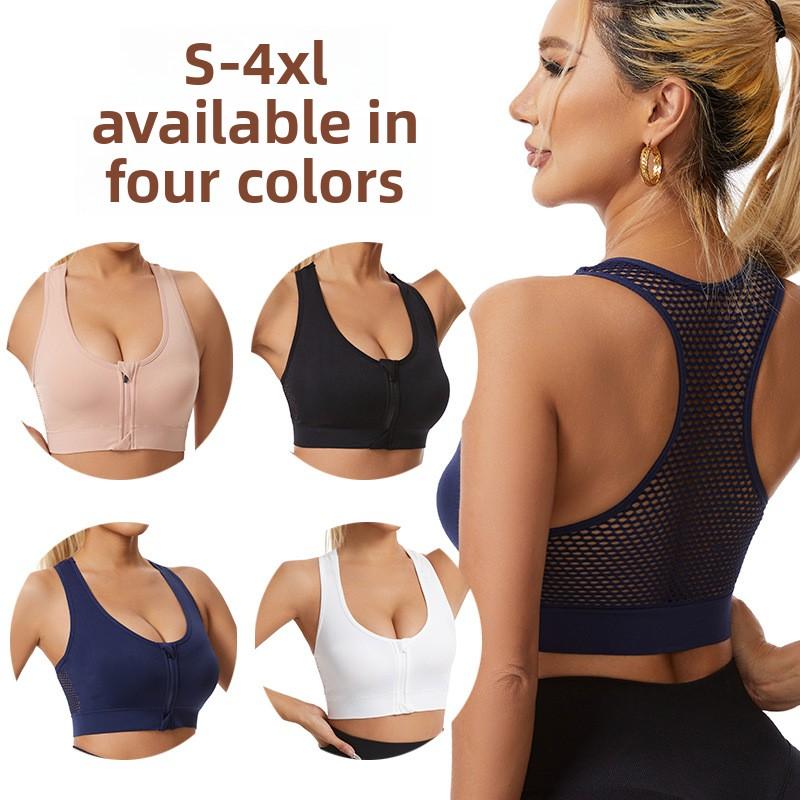 Hul Mesh Front Glidelås Sportsundertøy Kvinner Støtsikker Tanktopp Løping Yoga Fitness BH Skjønnhetsrygg Samlende Stor Størrelse