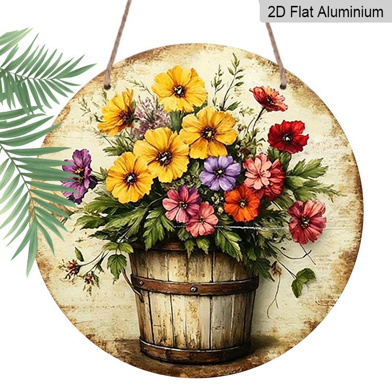 [Vintage Floral Sign] 2D Flat - 1pc Vintage Round Aluminum Sign Featuring a Bouquet Arrangement.This Colorful Floral Display Serves As Rustic Metal