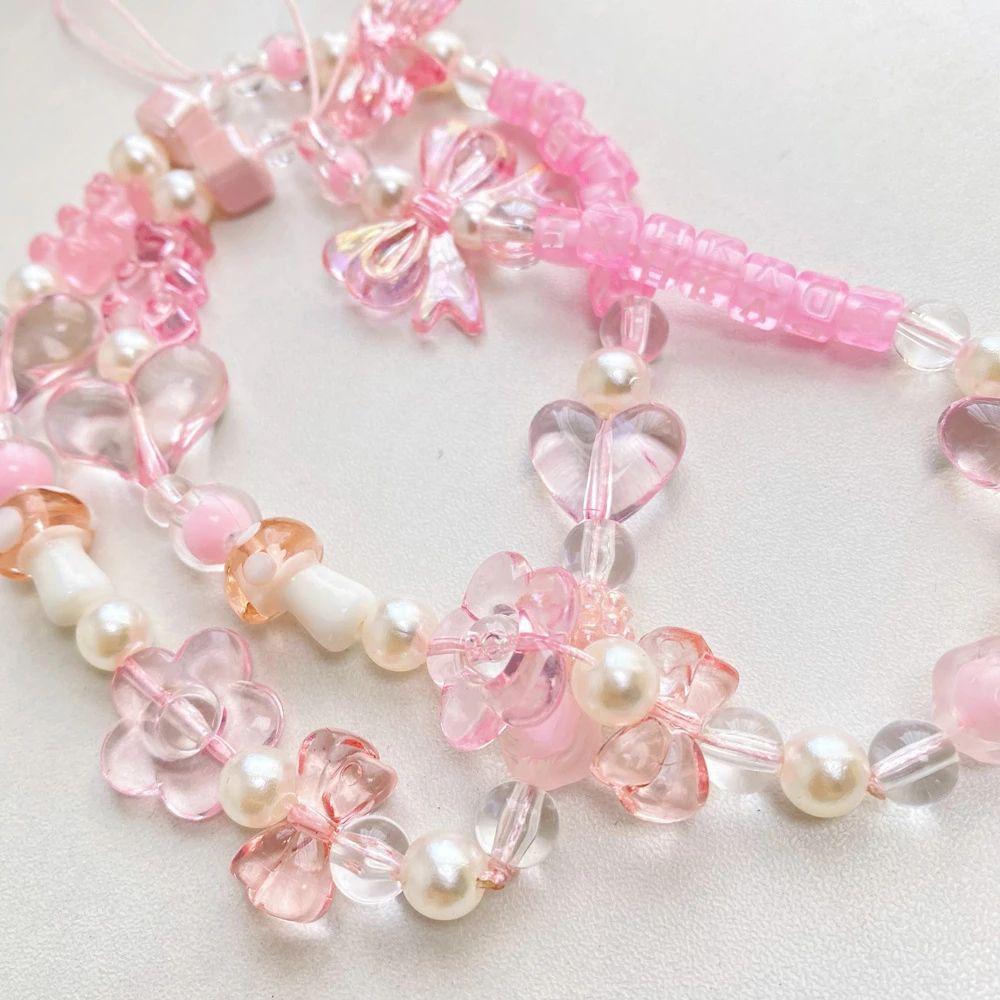 Pink Acrylic Beaded Short Rope Mobile Phone Straps Wrist Hand Lanyard Hand Strap Phone Charm