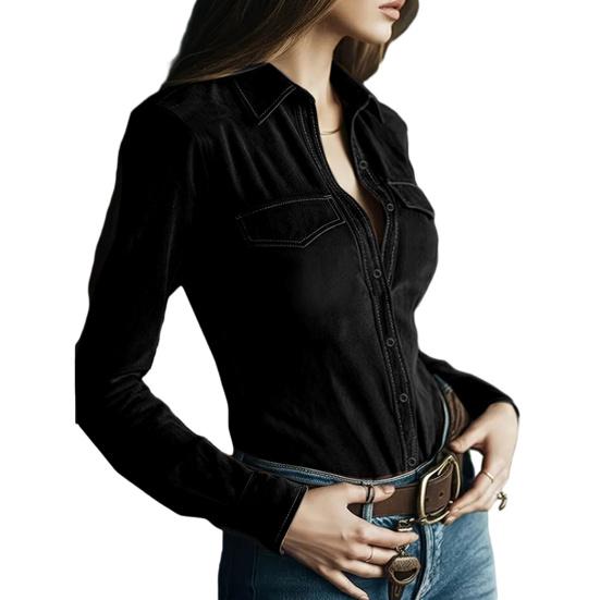 Women Shirt Lapel Long Sleeve Buttons Closure Slim Fit Shirt Suede Texture Retro Solid Color Casual Shirt Tops