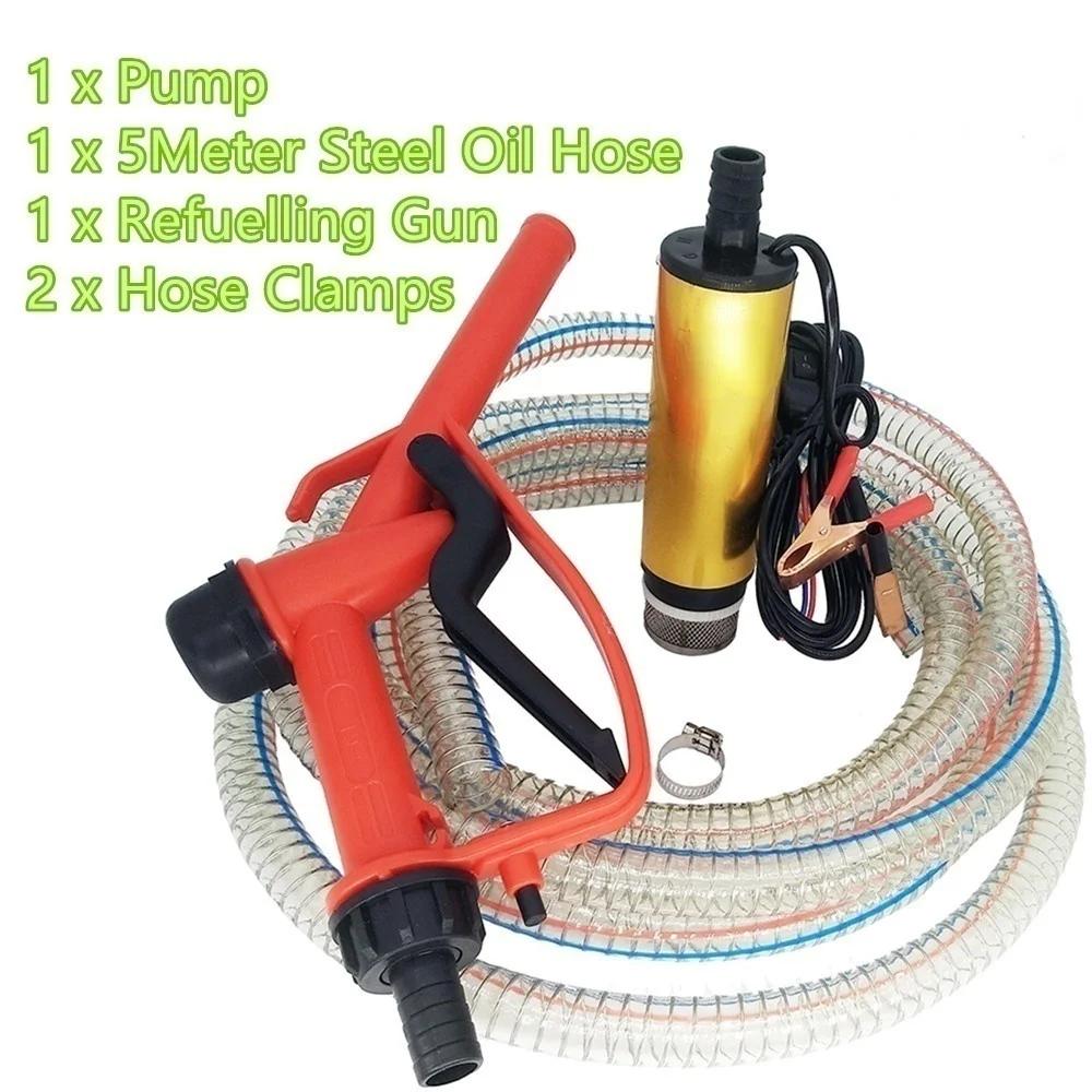2 In 1 Oil Pump Refueling Gun Electric Submersible 5 Meter Steel Hose Fuel Water Camping Accessories