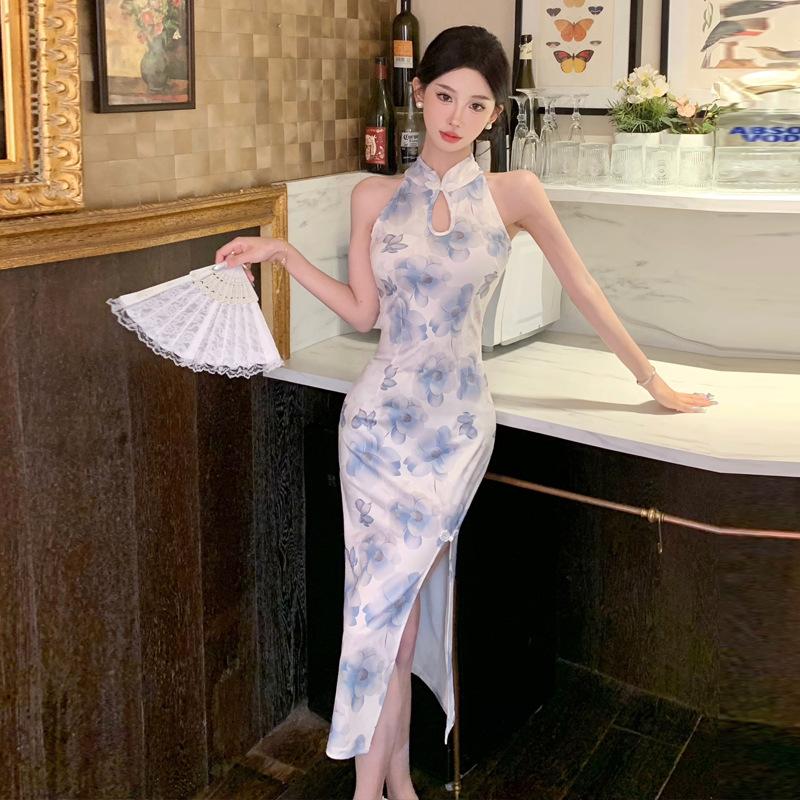 

Женское улучшенное чонсам с принтом в национальном стиле, тонкое платье с разрезом вилкой L