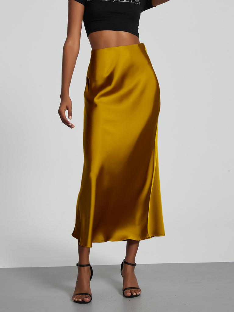 Women's Clothing Elegant Satin Midi Skirt Slim Fit High-Waisted Dress