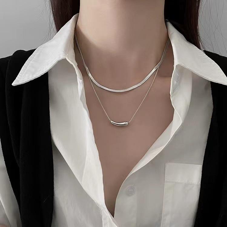 Double-Layer Bean & Eggplant Necklace – Trendy 2024 Niche Stackable Clavicle Snake Bone Chain for Girls