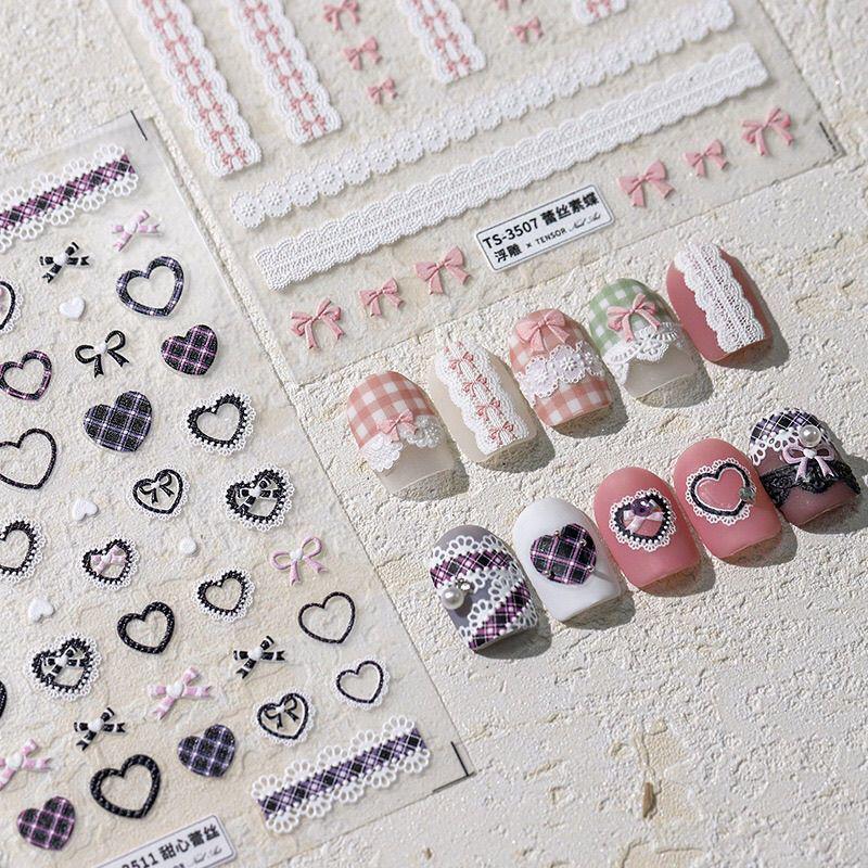 Spicy Girl Pink Plaid Heart Bow Nail Stickers - Sweet & Cool Fashion Design