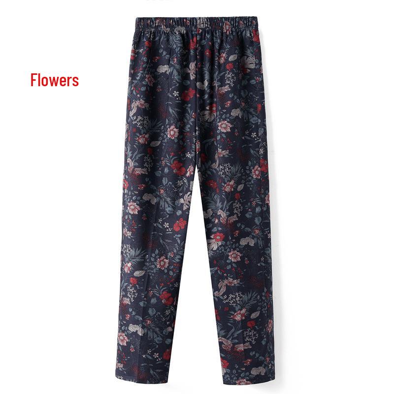 Women's Fleece-Lined Pants, Loose Straight Leg for Middle-Aged/Elderly, Patterned Plus Size, Mom's Style, Fit for All Seasons (Spring, Autumn, Winter)