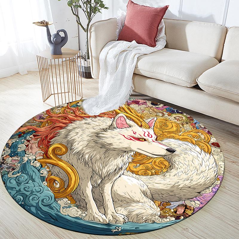 Nine-Tailed Fox pattern round rug,Carpet Rug for Living Room Bedroom Playroom ,Non-slip Floor Mat,Holiday Gifts and Birthday Gifts.