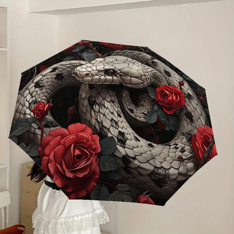 1pc Snake and Roses Circular Artwork Umbrella with Plastic Handle,Suitable for All Seasons Home Travel Outdoor UmbrellaDD1636