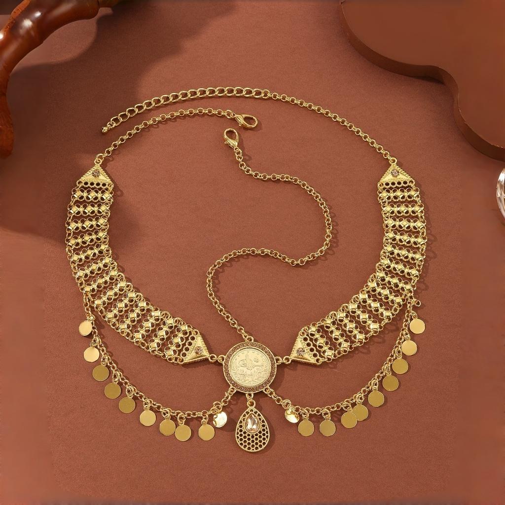 Orientalischer Kopfschmuck Goldfarbene Legierung Münze Strass Wassertropfen Paillette Quaste Kopfkette Hochzeit Braut Kopfschmuck