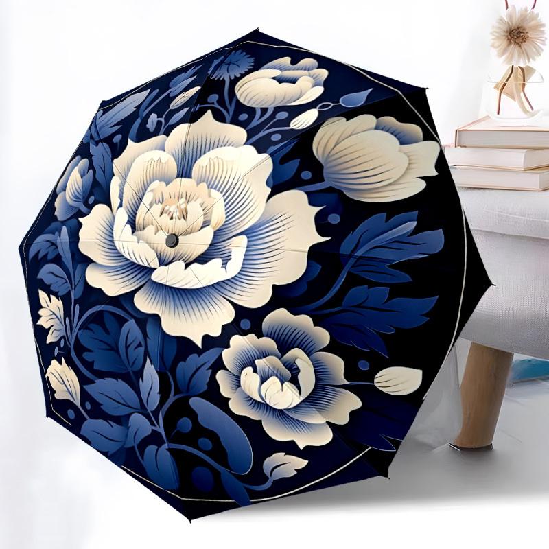 1pc Floral Blue Automatic Folding Umbrella, 8-Rib Sturdy Canopy, Portable Travel Umbrella for Outdoor Use