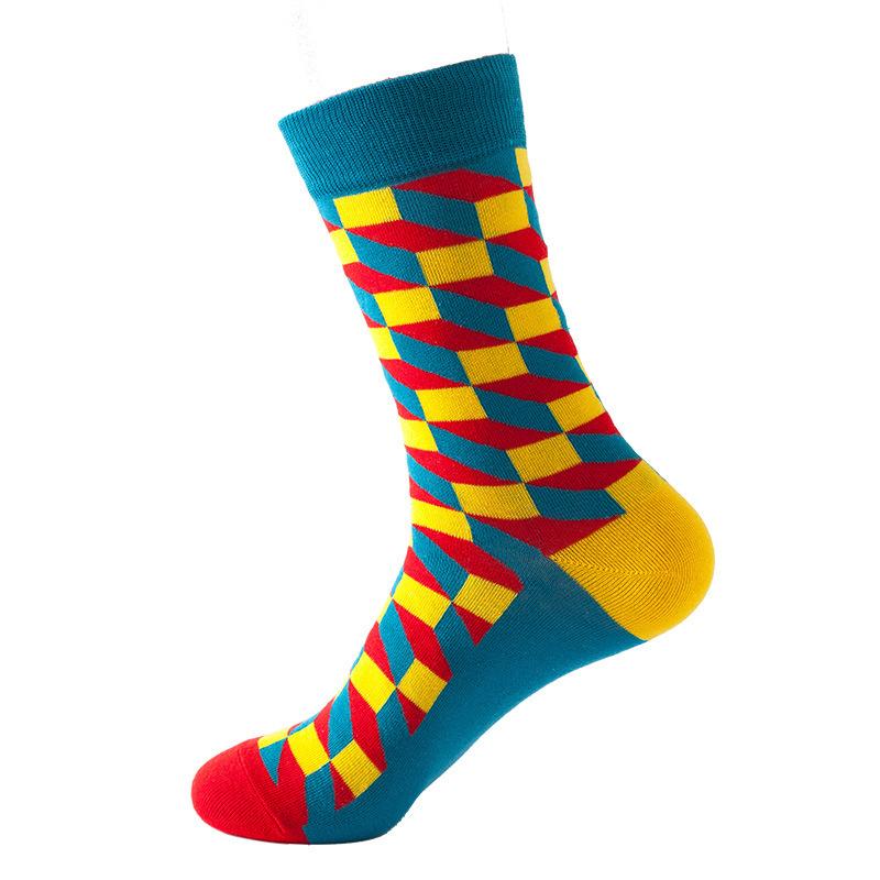 Hundreds Fashion Business Men 100% Cotton Happy Lattice Socks Unisex Boys Combed Hip Hop Street Skateboard Funny High Sox Set