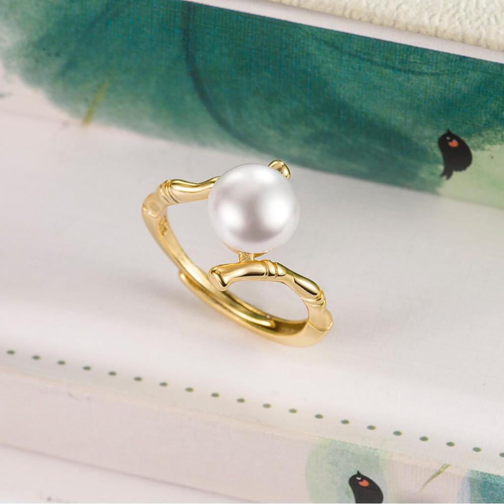 Bamboo Pearl Adjustable Ring - Elegant & Versatile Summer Style for Women