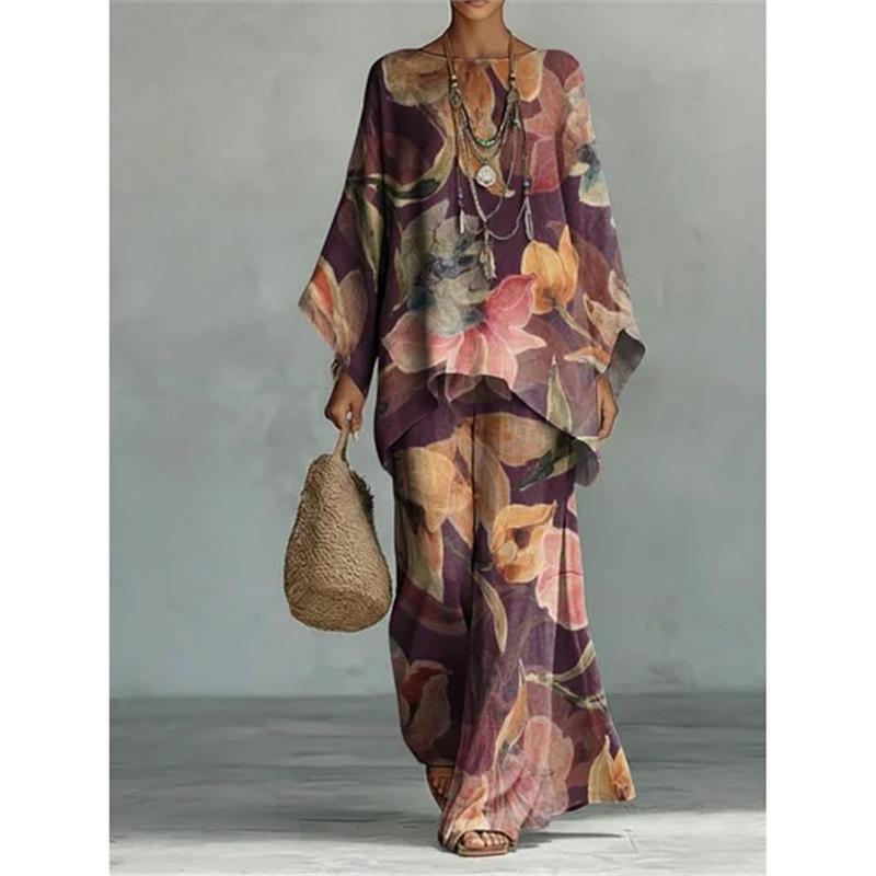 16 European and American artistic sense abstract graffiti cotton and linen set, round neck bat sleeve top + wide leg pants loose two-piece set