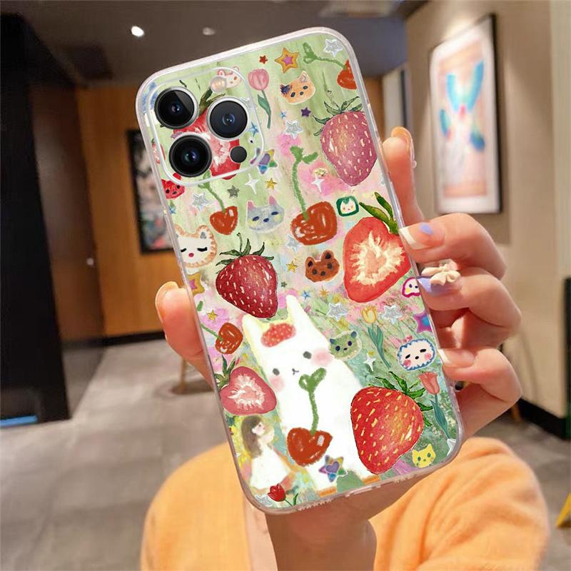 Strawberry Cat Cartoon Phone Case For Iphone 17ProMax 17 Pro Air 16 15 14 13 Pro Max 16 15 14 13 Pro 15Plus