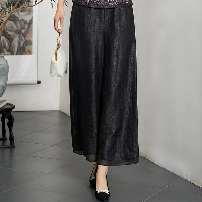 

Шелковые брюки с трещинами черепахи, ароматная облачная пряжа, женские брюки, шелк тутового шелкопряда, большой размер, прямые брюки с широкими штанинами, для среднего и пожилого возраста L чёрный