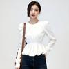 Women's Autumn French Temperament Round neck bubble sleevesTop High-end White Shirt