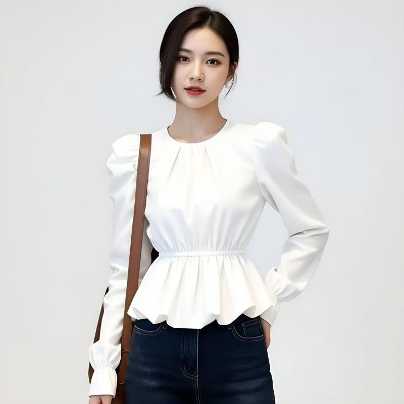 Women's Autumn French Temperament Round neck bubble sleevesTop High-end White Shirt