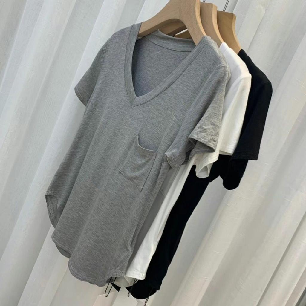 Summer Modal Cotton Draped Collarbone T-shirt Women Loose Korean-style Mid-Length Base Shirt Short Sleeve Casual V-neck Top