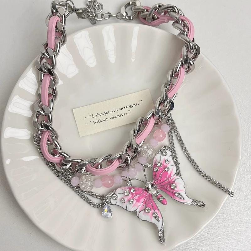 Butterfly Tassel Necklace Sweet Cool Spice Girl Temperament Exaggeration Light Luxury Design Leather Clavicle Chain Gift