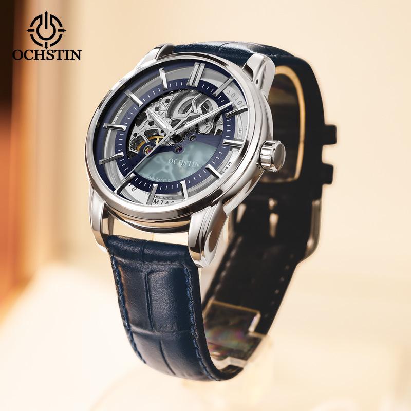 OCHSTIN Men's Skeleton Mechanical Watch - Genuine Leather, Waterproof, Fashionable Business Casual Wristwatch