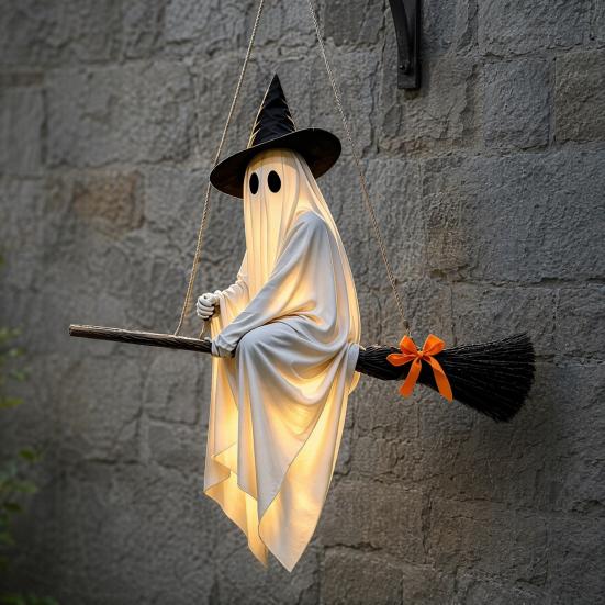 Halloween Hanging Ghost Outdoor Decoration Spooky LED Light Up Witch Ghost On Broom for Home