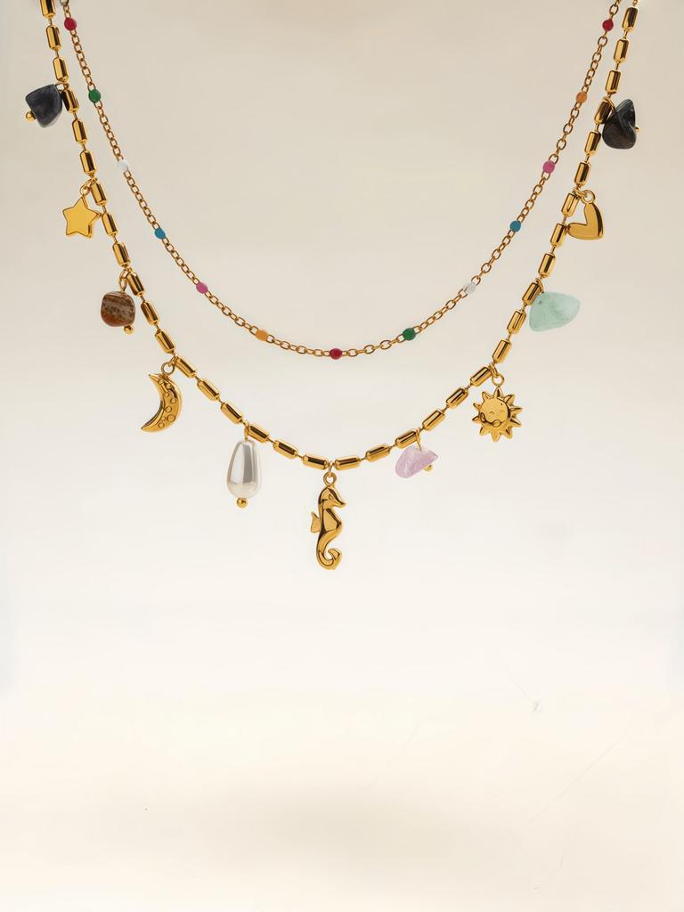 1pc Multi-Layer Colorful Necklace, Seahorse, Starfish, Heart Design, Sun Pendant, Elegant Bohemian Style Necklace, Jewelry Gift For Women