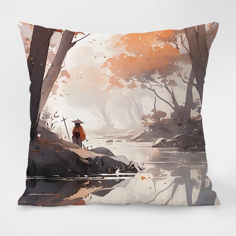 Landscape Painting Retro Pattern Decorative Pillowcase Living Room Bedroom Square Cushion Pillowcase