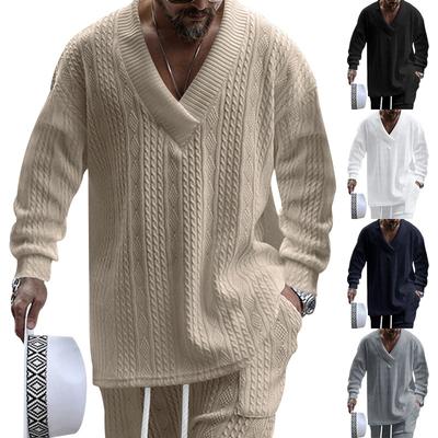 Herbst und Winter Neu Herren Jacquard Locker Strick Einfarbig Freizeit V-Ausschnitt Langarm Pullover