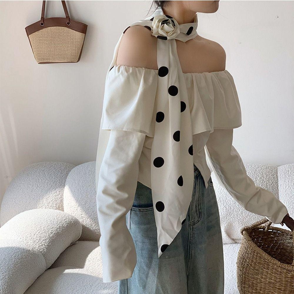 Cravat Rose Flower Scarf Wrap Polka Dot Scarves All-match Long Silk Scarf  Women