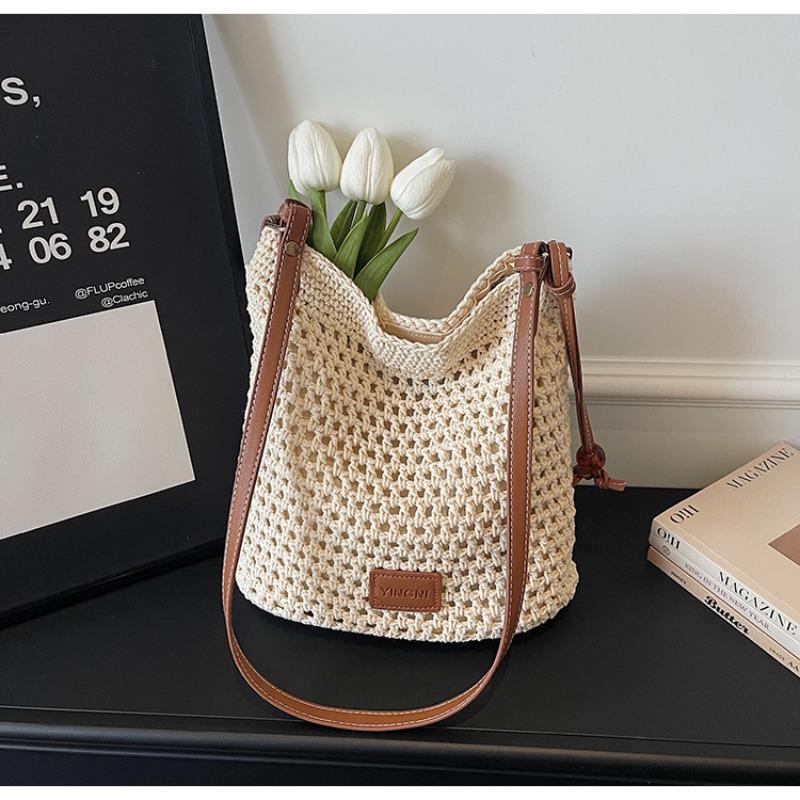 

Grid-eye Hollowed-out Interwoven Knitted Large-capacity Shopping Bag with Shoulder Strap and Side Carry for Women бежевий