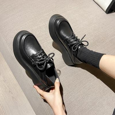 British Style Loafers Women's Spring and Autumn New Lace-up Thick-soled Shoes Black Small Leather Shoes Retro Mary Jane Shoes Women