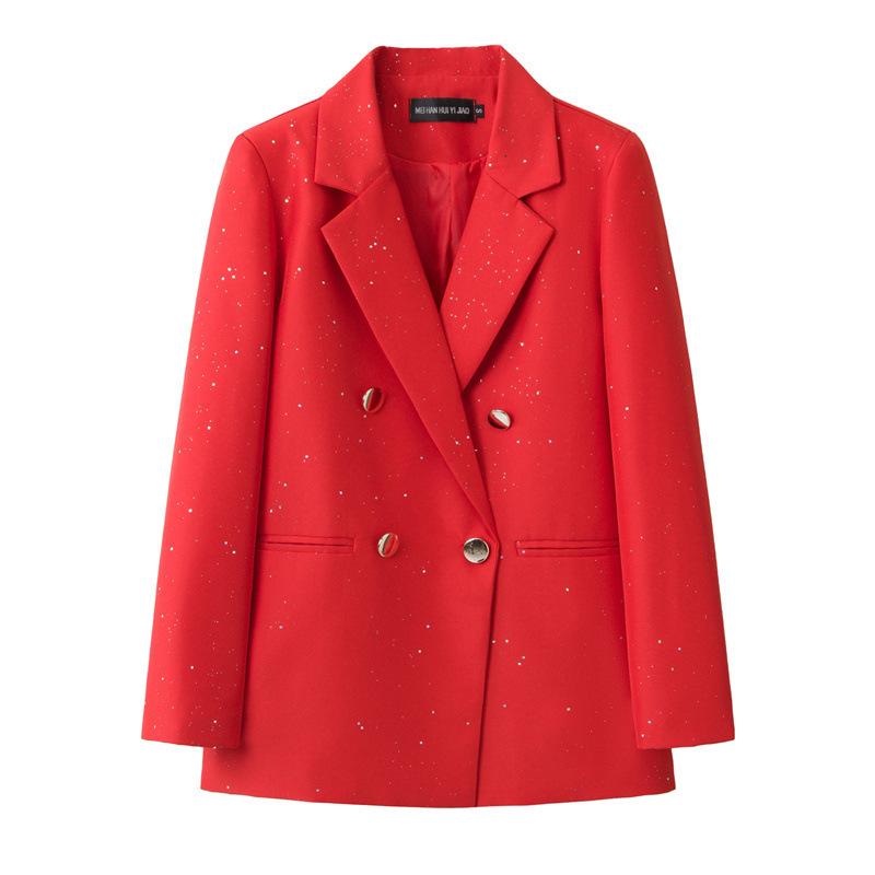 Women Long Sleeve Blazer Jacket Lapel Double Breasted Gold Button Loose Fit Office Casual Suit Outerwear Coat