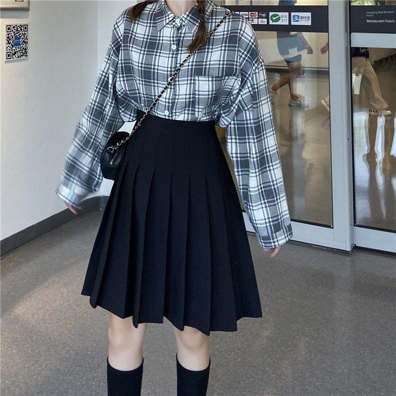 

Mid Length Long Length High Waist Plus Size Plus Size Ladies Student Pleated Skirt Black 3XL