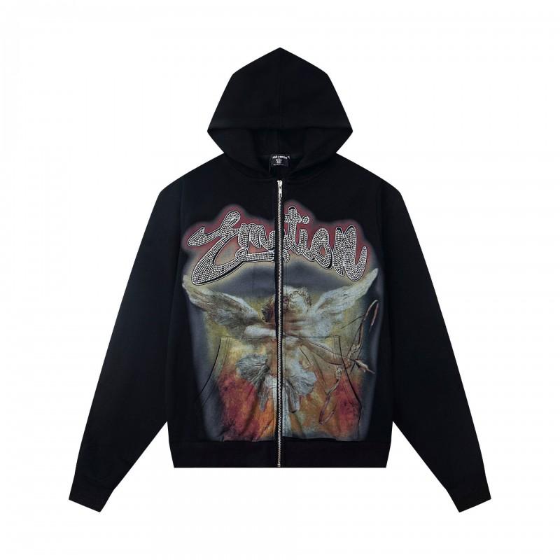 Mens Oversized Hooded Zip-Up Sweatshirt With Rhinestone Letter Print Cotton Streetwear
