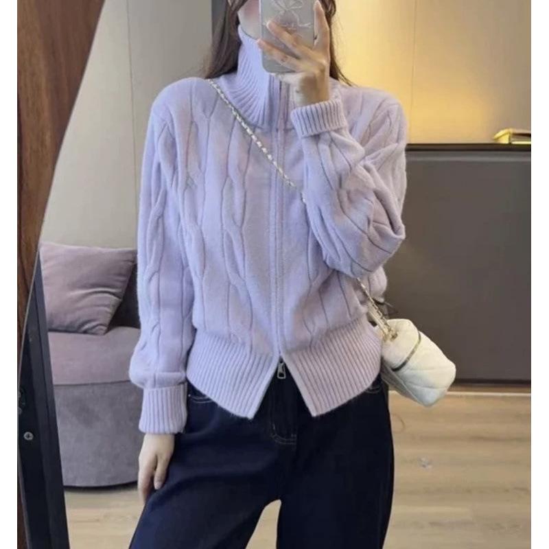 Solid Color High Neck Cable Knit Cardigan Sweater with Double Zipper for Women