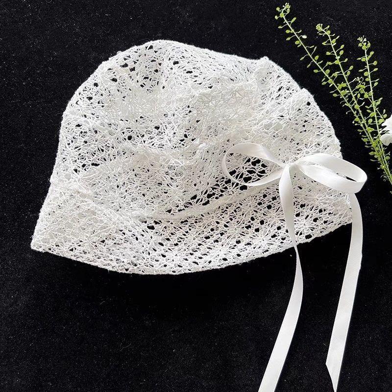 Women's Cute Black Bowknot Beanie Versatile Korean Style Elastic Head Wrap Lace Hat Fashionable Summer Face Slimming Cap