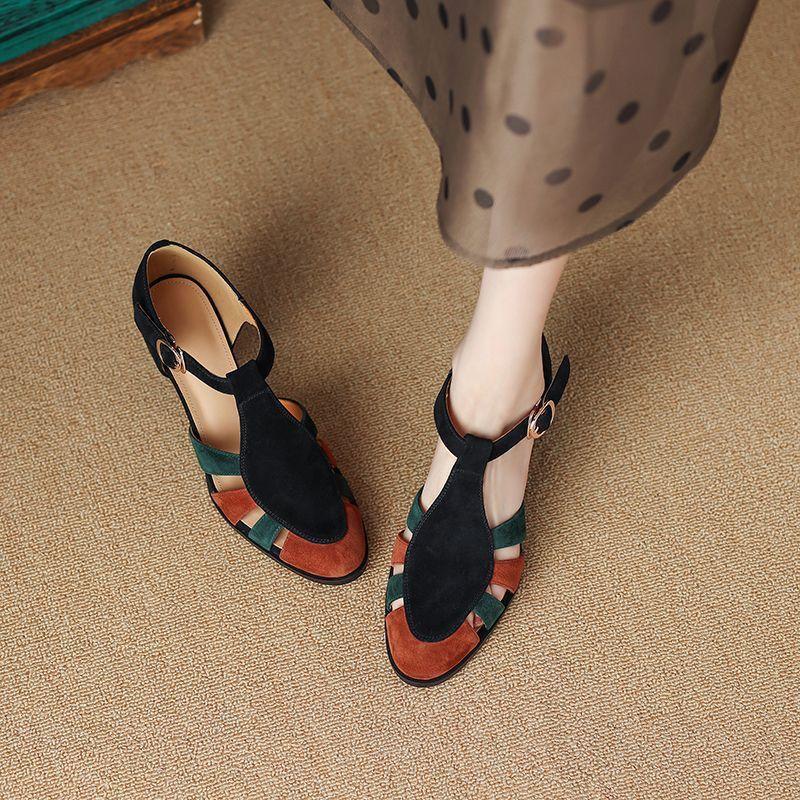 2024 New Genuine Leather Baotou Sandals Women's Spliced Simple Thick Heel Shoes Women's Shoes