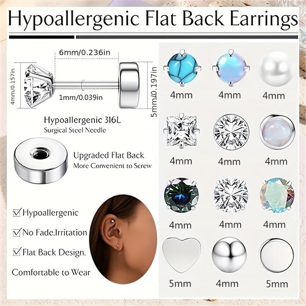 12 Pairs Stainless Steel Earrings Hypoallergenic 20G Medical Steel Cartilage Opal CZ Pearls Sleeping Earrings