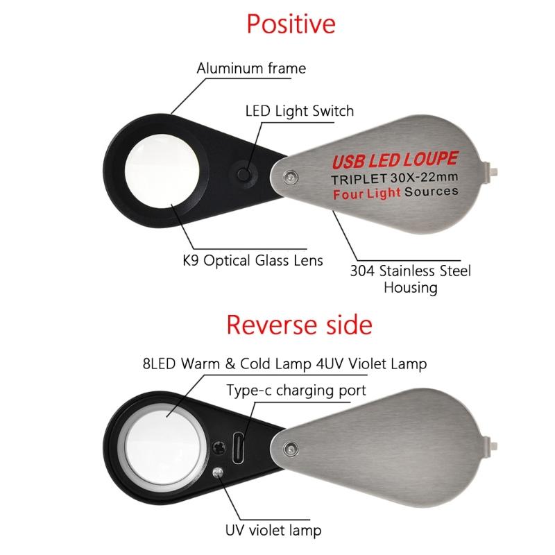 Lupa de Mano 10X/20X/30X Lente de Aumento con Luz LED Lupa para Ojos para Inspección Joyería Sellos Lupa