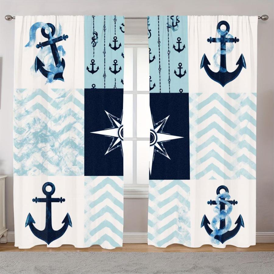 2PCS Digital Printed Curtains, Ocean Wave Ship Anchor Nautical Sailor, Modern Home Decor Style for Living Room Bedroom Decor