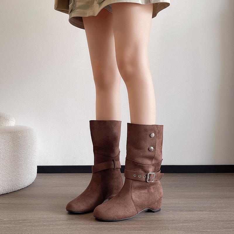 Suede retro belt buckle thick heel western cowboy boots women's spring and autumn new fashion versatile fashion boots